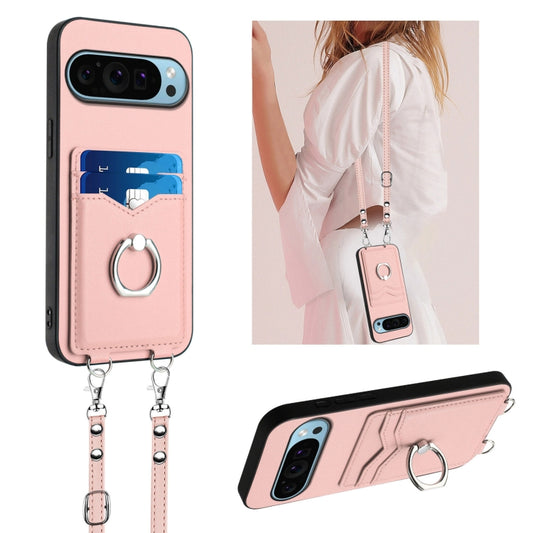 For Google Pixel 9 / 9 Pro R20 Crossbody Rope Ring Card Holder Phone Case(Pink) - Google Cases by buy2fix | Online Shopping UK | buy2fix