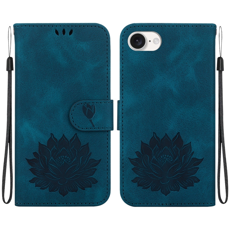 For iPhone 16e Lotus Embossed Leather Phone Case(Dark Blue) - iPhone 16e Cases by buy2fix | Online Shopping UK | buy2fix