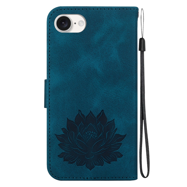 For iPhone 16e Lotus Embossed Leather Phone Case(Dark Blue) - iPhone 16e Cases by buy2fix | Online Shopping UK | buy2fix