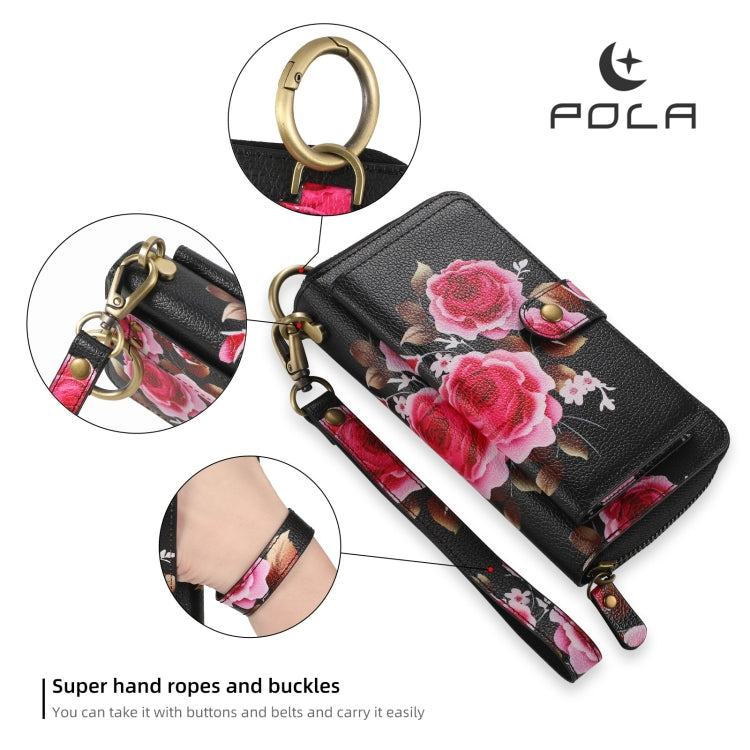 For iPhone 15 Pro Max POLA MagSafe Flower Multi-functional Zipper Wallet Leather Phone Case(Black) - iPhone 15 Pro Max Cases by buy2fix | Online Shopping UK | buy2fix