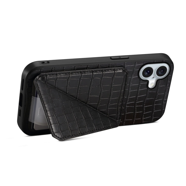 For iPhone 16 Imitation Crocodile Leather Back Phone Case with Holder(Black) - iPhone 16 Cases by buy2fix | Online Shopping UK | buy2fix