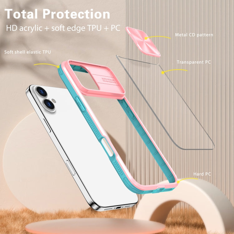 For iPhone 16 Plus Sliding Camshield Acrylic Hybrid TPU Phone Case(Pink Cyan) - iPhone 16 Plus Cases by buy2fix | Online Shopping UK | buy2fix