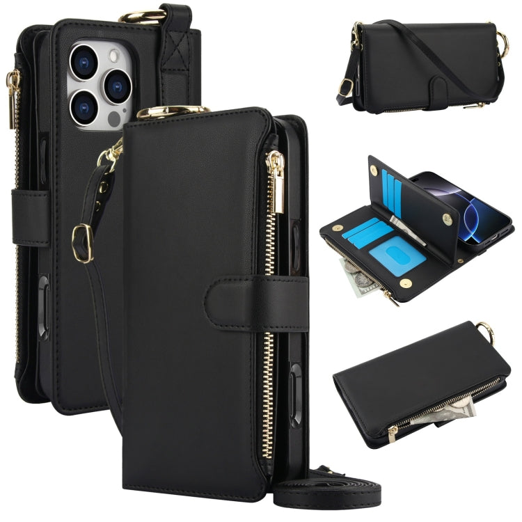 For iPhone 16 Pro Crossbody Ring Multifunctional Wallet Leather Phone Case(Black) - More iPhone Cases by buy2fix | Online Shopping UK | buy2fix