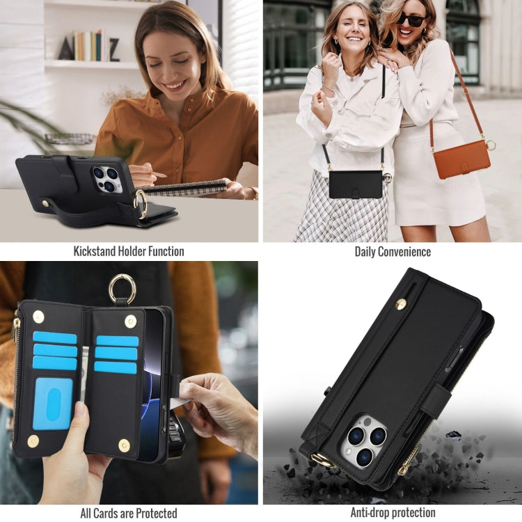 For iPhone 16 Pro Crossbody Ring Multifunctional Wallet Leather Phone Case(Black) - More iPhone Cases by buy2fix | Online Shopping UK | buy2fix