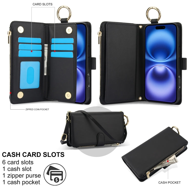 For iPhone 16 Plus Crossbody Ring Multifunctional Wallet Leather Phone Case(Black) - iPhone 16 Plus Cases by buy2fix | Online Shopping UK | buy2fix