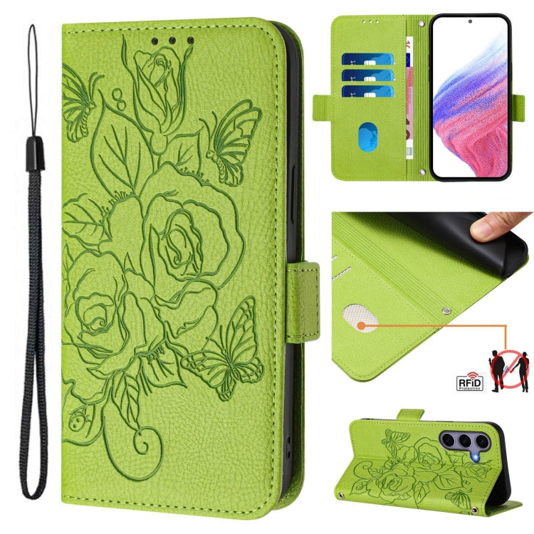 For Samsung Galaxy S25 5G Embossed Rose RFID Anti-theft Leather Phone Case(Green) - Galaxy S25 5G Cases by buy2fix | Online Shopping UK | buy2fix