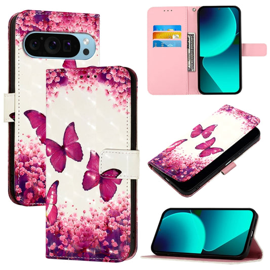 For Google Pixel 9 3D Painting Horizontal Flip Leather Phone Case(Rose Butterfly) - Google Cases by buy2fix | Online Shopping UK | buy2fix