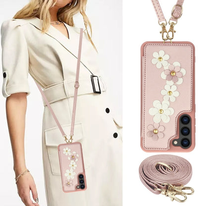 For Samsung Galaxy S25+ 5G Crossbody Flower Pattern Leather Phone Case(Rose Gold) - Galaxy S23+ 5G Cases by buy2fix | Online Shopping UK | buy2fix