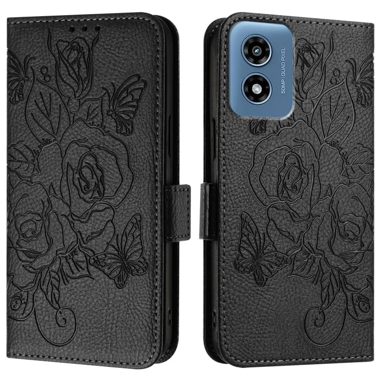 For Motorola Moto G Play 5G / G 5G 2024 Embossed Rose RFID Anti-theft Leather Phone Case(Black) - Motorola Cases by buy2fix | Online Shopping UK | buy2fix