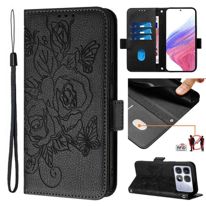 For Redmi K70 Ultra 5G Global Embossed Rose RFID Anti-theft Leather Phone Case(Black) - Xiaomi Cases by buy2fix | Online Shopping UK | buy2fix