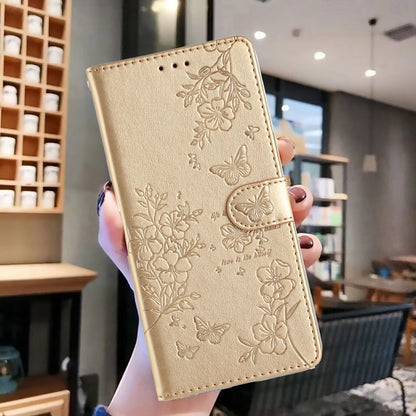 For iPhone 16 Pro Butterflies and Flowers Leather Phone Case(Gold) - iPhone 16 Pro Cases by buy2fix | Online Shopping UK | buy2fix