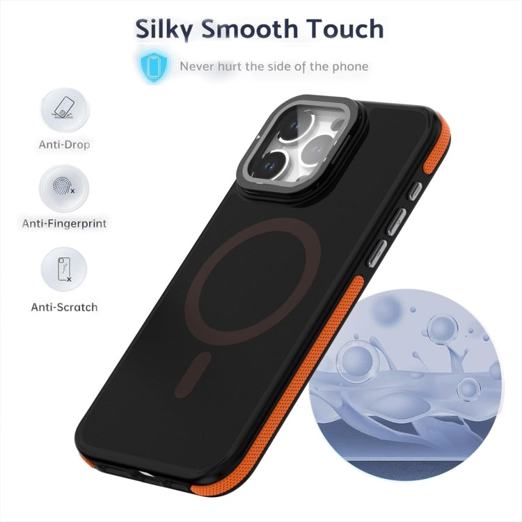 For iPhone 16 Magsafe Dual-Color Skin Feel Lens Film Phone Case with Lens Fold Holder(Orange) - iPhone 16 Cases by buy2fix | Online Shopping UK | buy2fix