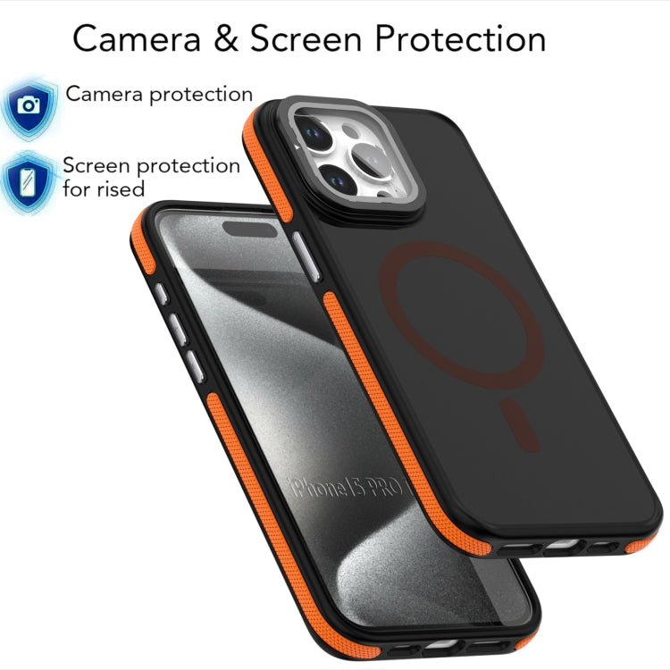 For iPhone 16 Magsafe Dual-Color Skin Feel Lens Film Phone Case with Lens Fold Holder(Orange) - iPhone 16 Cases by buy2fix | Online Shopping UK | buy2fix