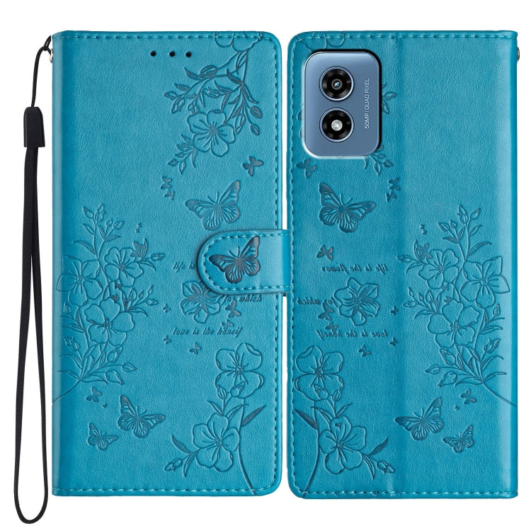 For Motorola Moto G Play 5G 2024 Butterflies and Flowers Leather Phone Case(Blue) - Motorola Cases by buy2fix | Online Shopping UK | buy2fix