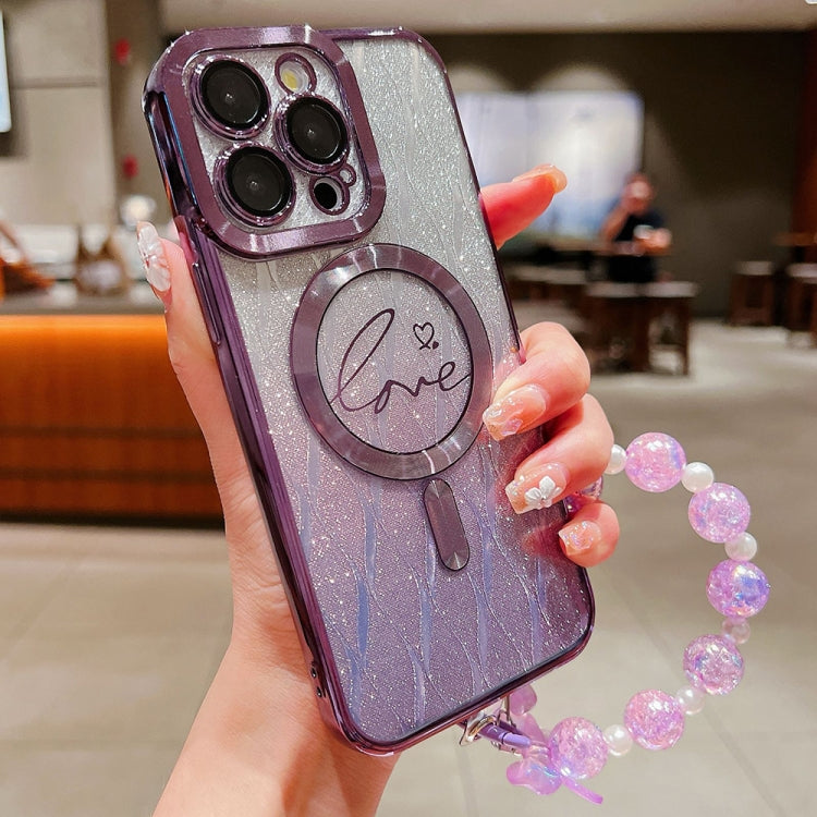 For iPhone 16 Pro Dual-Love Leaves Gradient Glitter Bracelets Magsafe TPU Phone Case(Purple) - iPhone 16 Pro Cases by buy2fix | Online Shopping UK | buy2fix