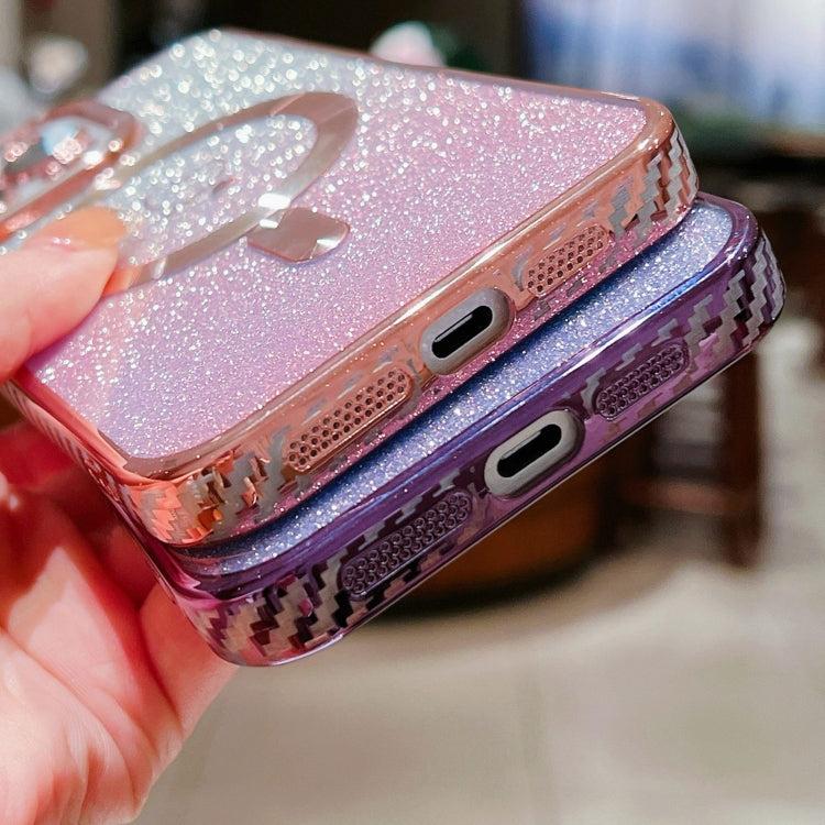 For iPhone 15 Loves Gradient Glitter Carbon Fiber Magsafe TPU Phone Case(Purple) - iPhone 15 Cases by buy2fix | Online Shopping UK | buy2fix