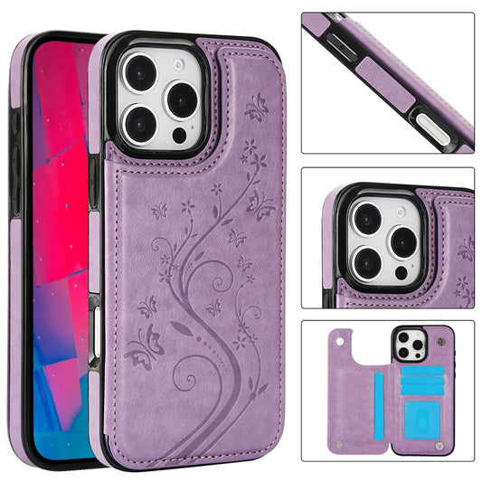 For iPhone 16 Pro Max Double Buckle Butterfly Embossing PU Phone Case(Purple) - iPhone 16 Pro Max Cases by buy2fix | Online Shopping UK | buy2fix