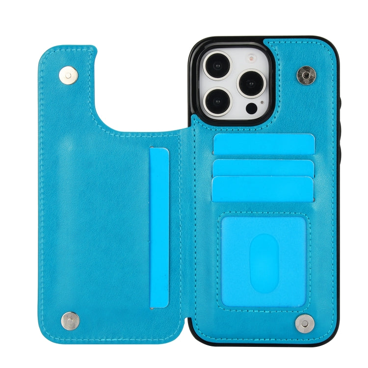 For iPhone 16 Pro Double Buckle Butterfly Embossing PU Phone Case(Blue) - iPhone 16 Pro Cases by buy2fix | Online Shopping UK | buy2fix