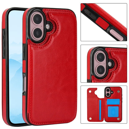 For iPhone 16 Plus Double Buckle Crazy Horse Texture PU Phone Case(Red) - iPhone 16 Plus Cases by buy2fix | Online Shopping UK | buy2fix