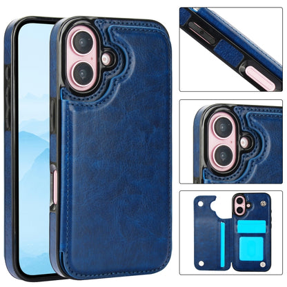 For iPhone 16 Plus Double Buckle Crazy Horse Texture PU Phone Case(Blue) - iPhone 16 Plus Cases by buy2fix | Online Shopping UK | buy2fix