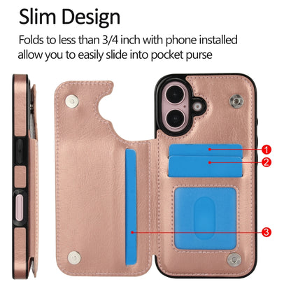 For iPhone 16 Plus Double Buckle Crazy Horse Texture PU Phone Case(Rose Gold) - iPhone 16 Plus Cases by buy2fix | Online Shopping UK | buy2fix