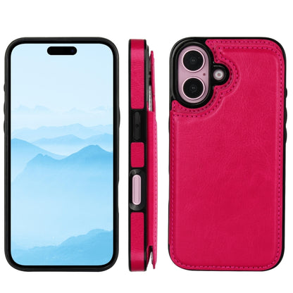 For iPhone 16 Plus Double Buckle Crazy Horse Texture PU Phone Case(Rose Red) - iPhone 16 Plus Cases by buy2fix | Online Shopping UK | buy2fix