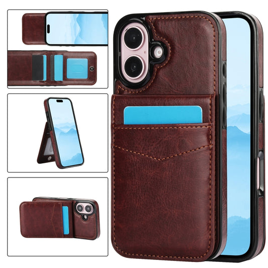 For iPhone 16 Solid Color Card Slots Bracket PU Phone Case(Brown) - iPhone 16 Cases by buy2fix | Online Shopping UK | buy2fix