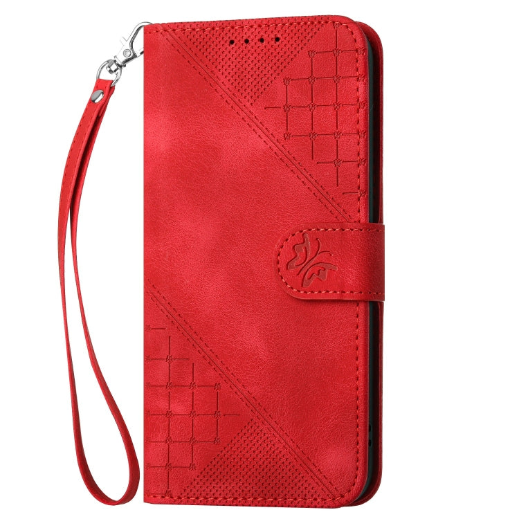 For Motorola Edge 2024 5G Global YX0080 Grid Butterfly Embossed Pattern Flip Leather Phone Case with Lanyard(Red) - Motorola Cases by buy2fix | Online Shopping UK | buy2fix