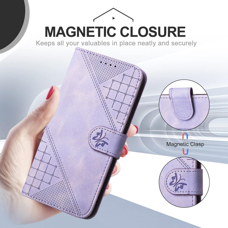 For Motorola Moto G Stylus 5G 2024 YX0080 Grid Butterfly Embossed Pattern Flip Leather Phone Case with Lanyard(Light Purple) - Motorola Cases by buy2fix | Online Shopping UK | buy2fix