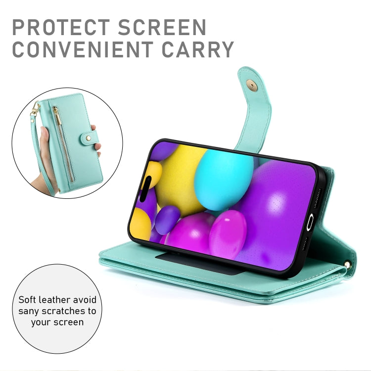 For iPhone 16 Nine Card-slot Zipper Wallet Bag Leather Phone Case(Mint Green) - iPhone 16 Cases by buy2fix | Online Shopping UK | buy2fix