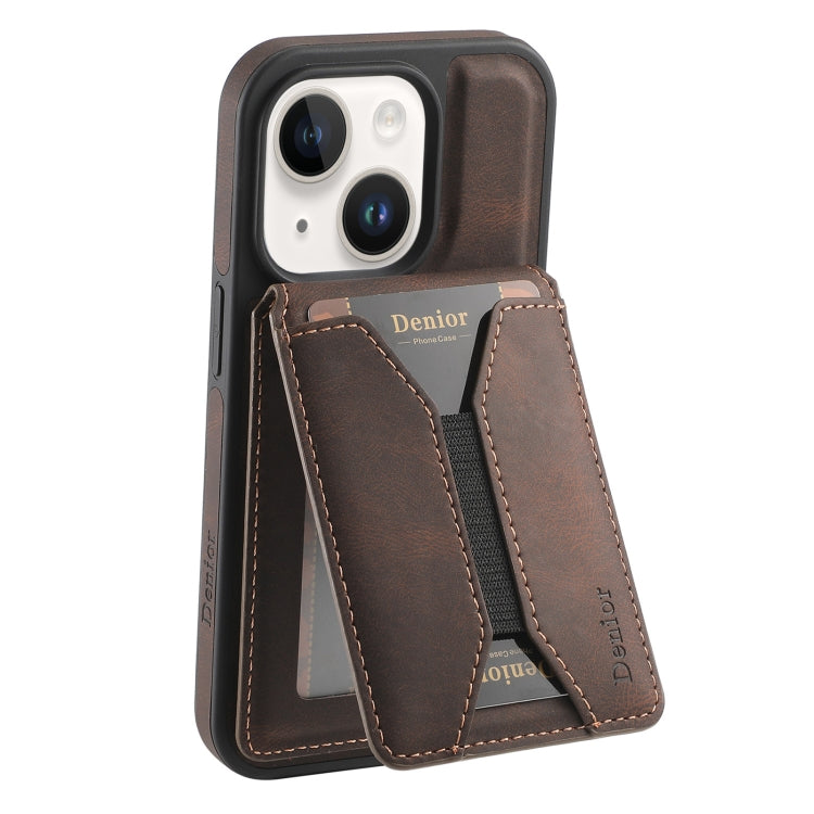 For iPhone 15 Plus / 14 Plus Denior D18 Skin Feel Rotating Holder MagSafe Detachable Card Slot Phone Case(Brown) - iPhone 15 Plus Cases by Denior | Online Shopping UK | buy2fix