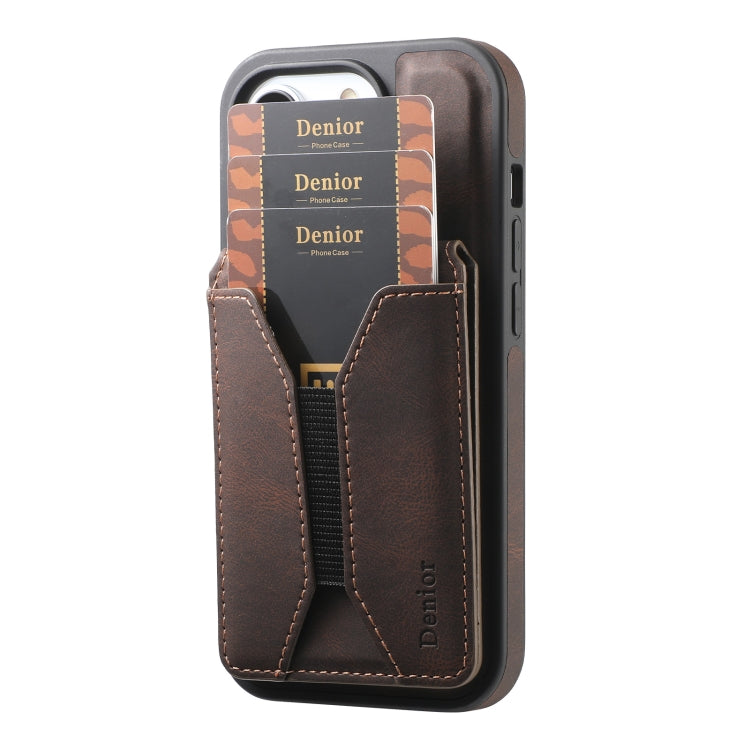 For iPhone 16 Pro Denior D18 Skin Feel Rotating Holder MagSafe Detachable Card Slot Phone Case(Brown) - iPhone 16 Pro Cases by Denior | Online Shopping UK | buy2fix