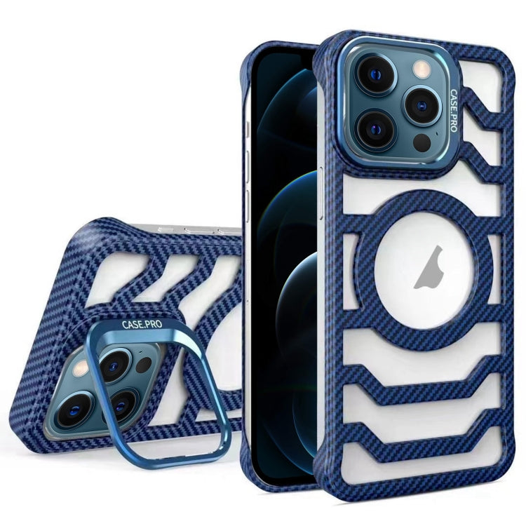 For iPhone 12 Pro Max Borderless Carbon Fiber Lens Protection Bracket MagSafe Phone Case(Blue) - iPhone 12 Pro Max Cases by buy2fix | Online Shopping UK | buy2fix