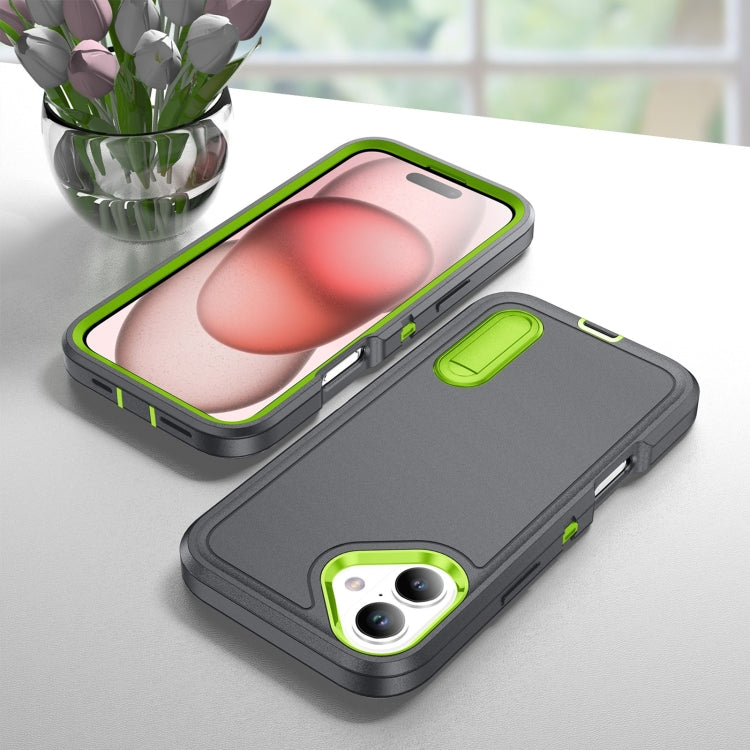 For iPhone 16 Rugged PC + Silicone Phone Case with Holder(Grey+Fresh Green) - iPhone 16 Cases by buy2fix | Online Shopping UK | buy2fix