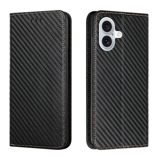 For iPhone 16 Carbon Fiber Texture Magnetic Flip Leather Phone Case(Black) - iPhone 16 Cases by buy2fix | Online Shopping UK | buy2fix