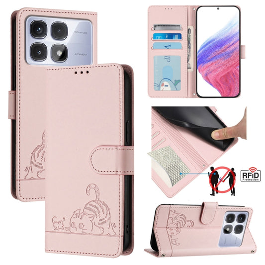 For Redmi K70 Ultra 5G Global Cat Rat Embossed Pattern RFID Leather Phone Case with Lanyard(Pink) - Xiaomi Cases by buy2fix | Online Shopping UK | buy2fix