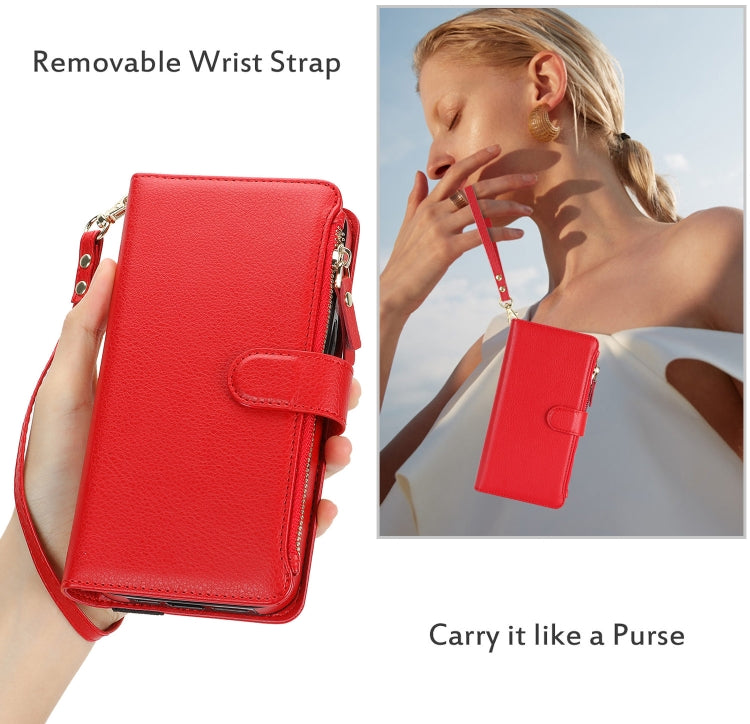 For iPhone 16 Plus Wristband Holder Zipper Purse RFID Leather Phone Case(Red) - iPhone 16 Plus Cases by buy2fix | Online Shopping UK | buy2fix