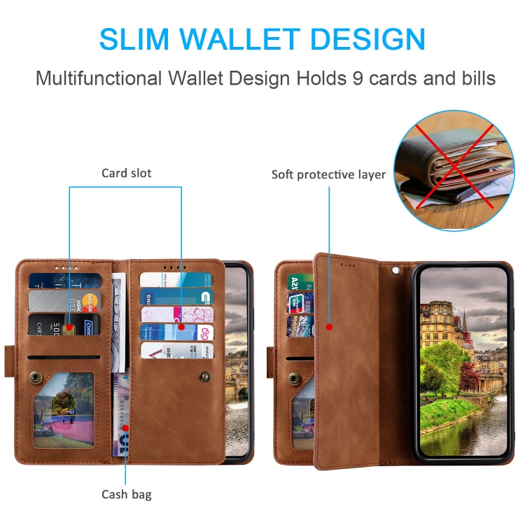 For Google Pixel 9 Pro XL Zipper Wallet Bag Horizontal Flip PU Phone Case with 9 Card Slots(Brown) - Google Cases by buy2fix | Online Shopping UK | buy2fix