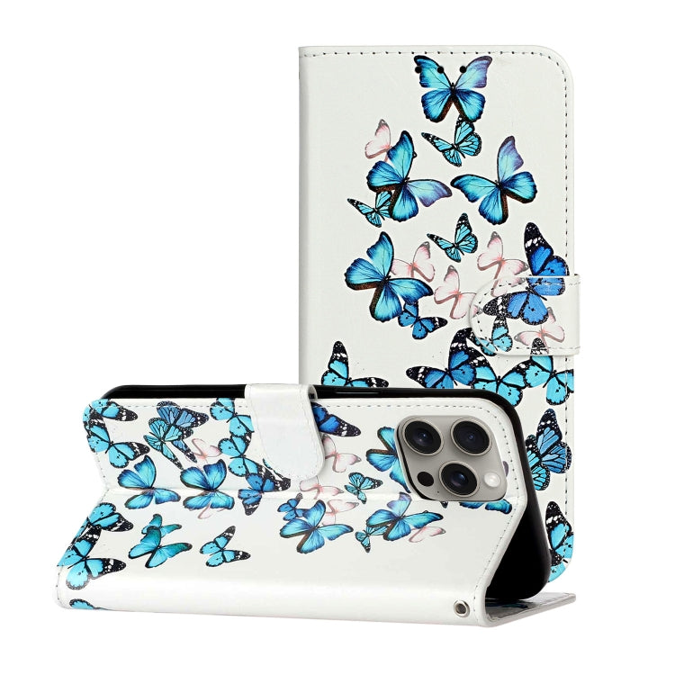 For iPhone 16 Pro Max Colored Drawing Marble Pattern Leather Phone Case(Little Blue Butterflies) - iPhone 16 Pro Max Cases by buy2fix | Online Shopping UK | buy2fix