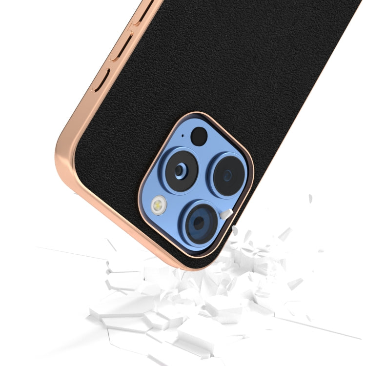 For iPhone 16 Pro Max ABEEL Electroplated Frame Genuine Leather Wave Phone Case(Black) - iPhone 16 Pro Max Cases by buy2fix | Online Shopping UK | buy2fix