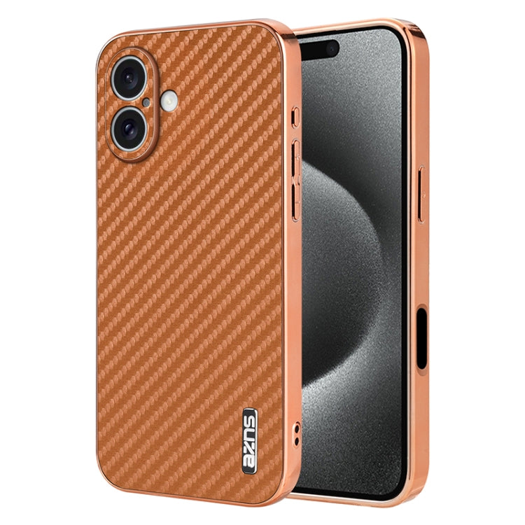 For iPhone 16 AZNS Electroplated Edge Carbon Fiber Texture Phone Case(Brown) - iPhone 16 Cases by AZNS | Online Shopping UK | buy2fix