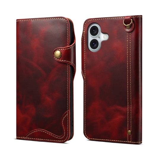 For iPhone 16 Plus Denior B01 Oil Wax Cowhide Magnetic Button Genuine Leather Case(Red) - iPhone 16 Plus Cases by Denior | Online Shopping UK | buy2fix