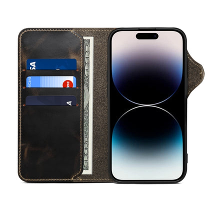 For iPhone 16 Pro Denior B01 Oil Wax Cowhide Magnetic Button Genuine Leather Case(Black) - iPhone 16 Pro Cases by Denior | Online Shopping UK | buy2fix