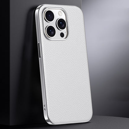 For iPhone 16 Pro First Layer Cowhide Leather Electroplated PC Phone Case(White) - iPhone 16 Pro Cases by buy2fix | Online Shopping UK | buy2fix