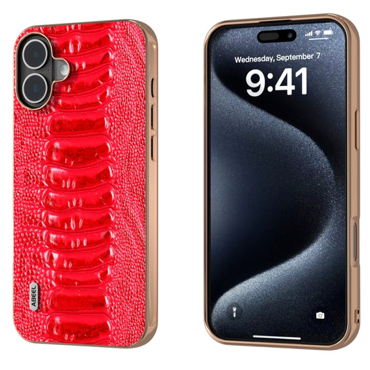 For iPhone 16 Plus ABEEL Electroplating Frame Genuine Leather Weilai Series Phone Case(Red) - iPhone 16 Plus Cases by buy2fix | Online Shopping UK | buy2fix