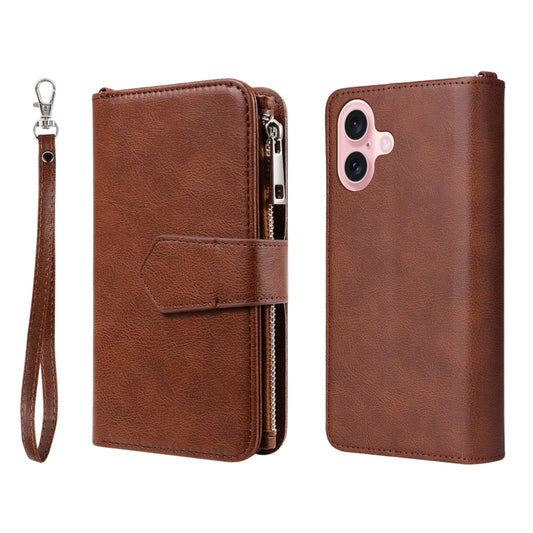 For iPhone 16 Solid Color 2 in 1 Zipper Shockproof Phone Case(Brown) - iPhone 16 Cases by buy2fix | Online Shopping UK | buy2fix