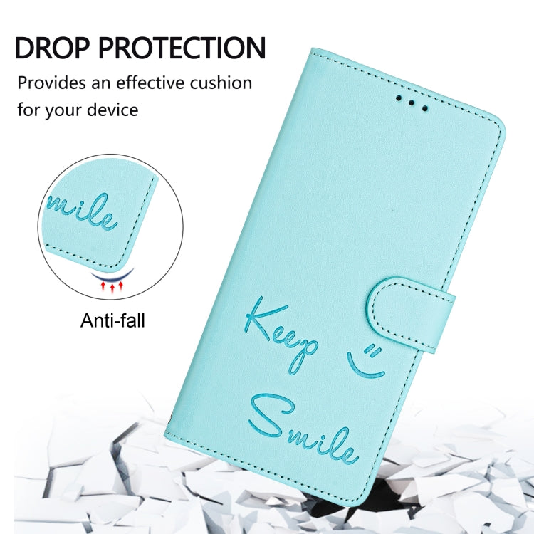 For iPhone 16 Smile Embossing RFID Leather Phone Case(Mint Green) - iPhone 16 Cases by buy2fix | Online Shopping UK | buy2fix