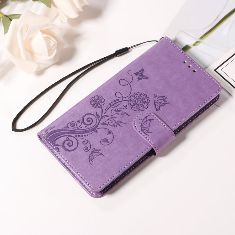 For iPhone 16 Plus Embossed Butterfly Flowers Leather Phone Case(Purple) - iPhone 16 Plus Cases by buy2fix | Online Shopping UK | buy2fix