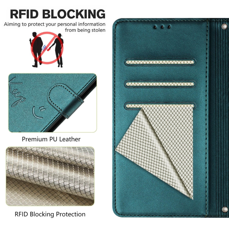 For Motorola Moto G Play 4G 2024 Global Smile Embossing RFID Leather Phone Case(Peacock Green) - Motorola Cases by buy2fix | Online Shopping UK | buy2fix