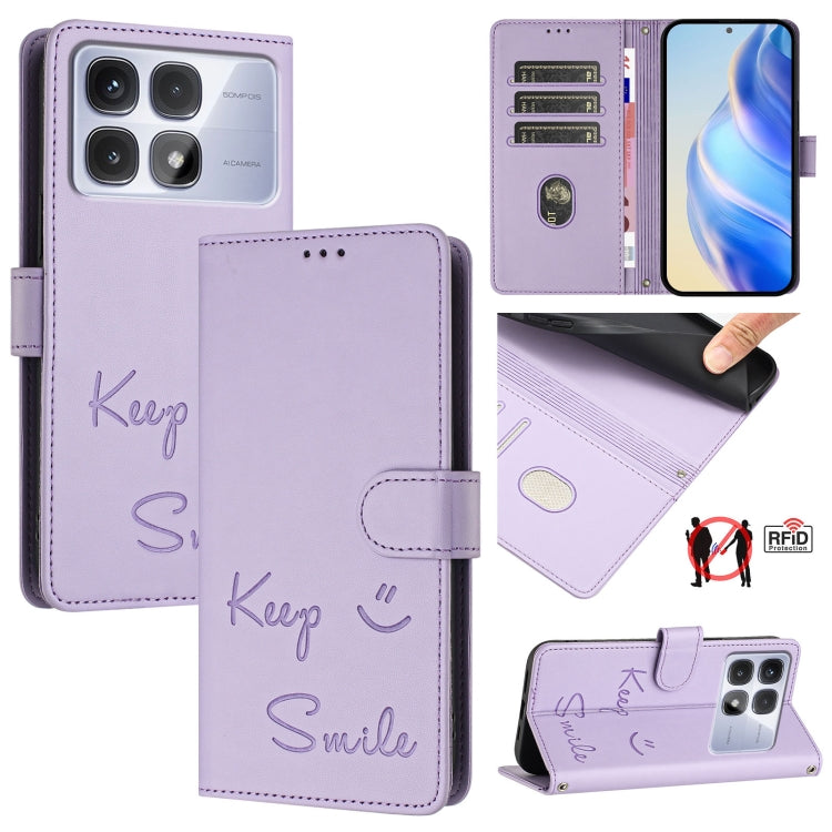 For Redmi K70 Ultra 5G Global Smile Embossing RFID Leather Phone Case(Light Purple) - Xiaomi Cases by buy2fix | Online Shopping UK | buy2fix